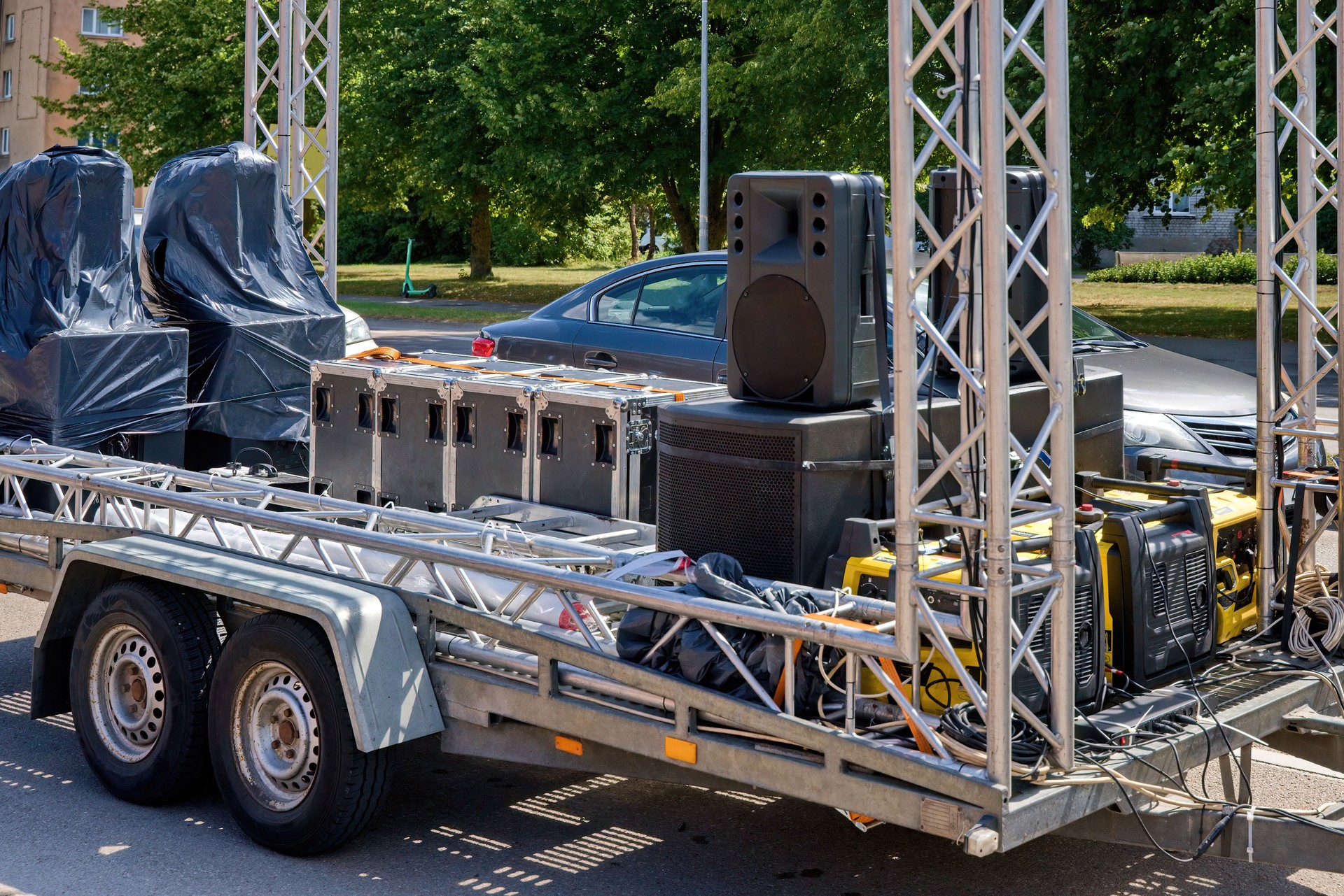 transportation of sound equipment. Musical equipment in a caravan.Selective focus.